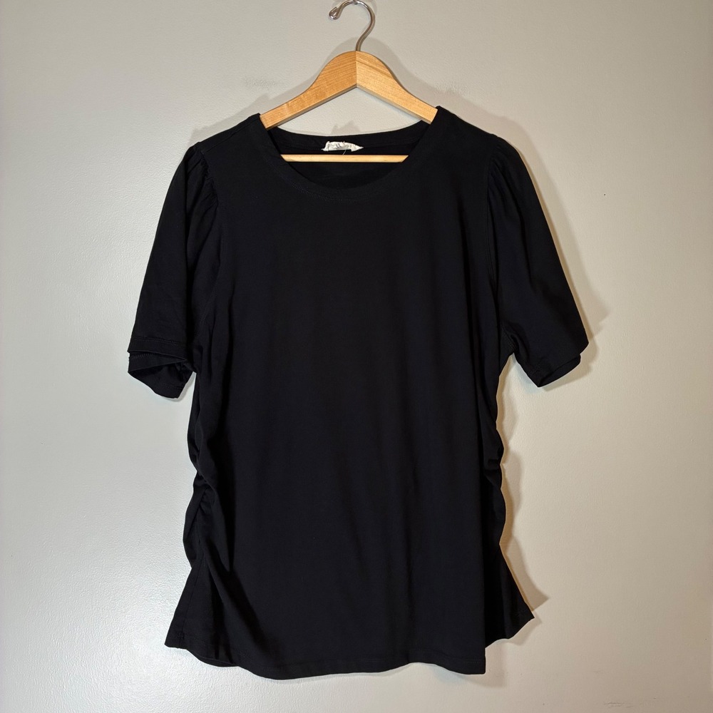 Current/Elliott Black 100% Cotton Puff Sleeve Ruched Side Top Plus Size 2X